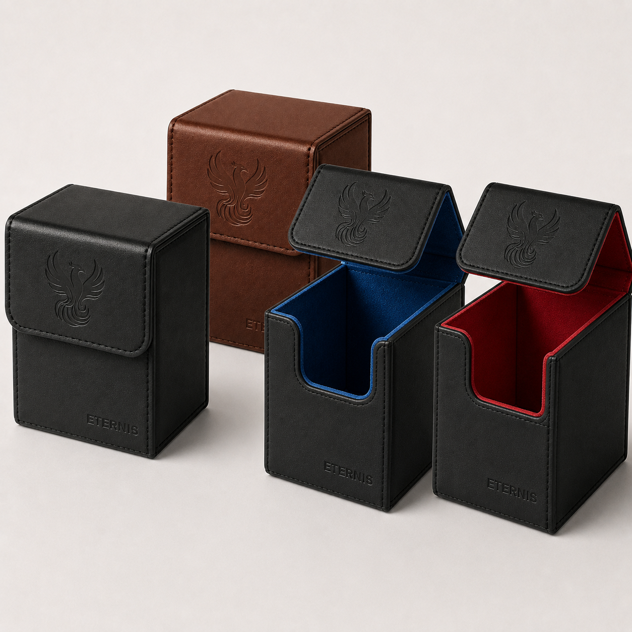 ETERNIS Luxury Deck Case レザーの製品バリエーションと開閉イメージ